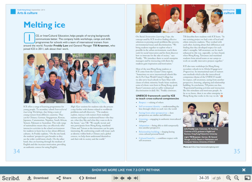 ICE on Hong Kong Federation of Youth Groups Sept 2015 magazine 