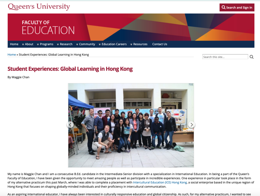 A teacher trainee in Queen\'s University wrote about her practicum experience with ICE